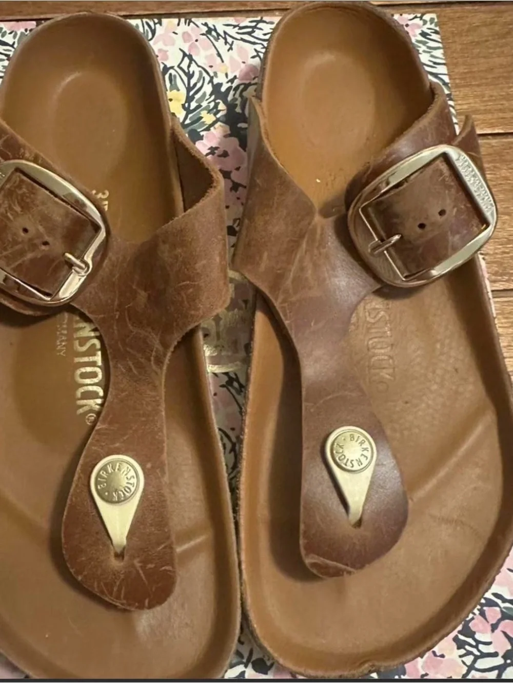 Birkenstock Brown Leather Toe-Post Sandals with Gold Buckles